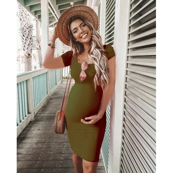 Army Green Maternity Short Sleeve Cuff Sleeve Bodycon Dress Army Green Maternity Short Sleeve Cuff Sleeve Bodycon Dress